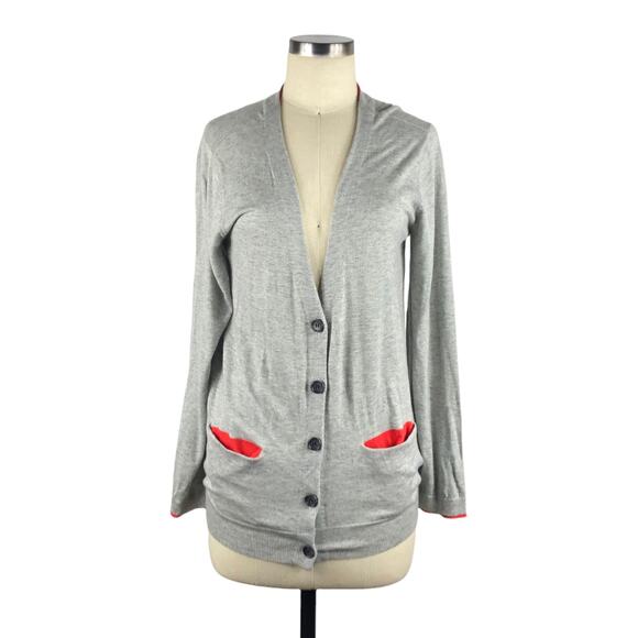 JOIE Gray Cardigan Sweater Button Down Preppy Size Medium Red Trim - Picture 1 of 6